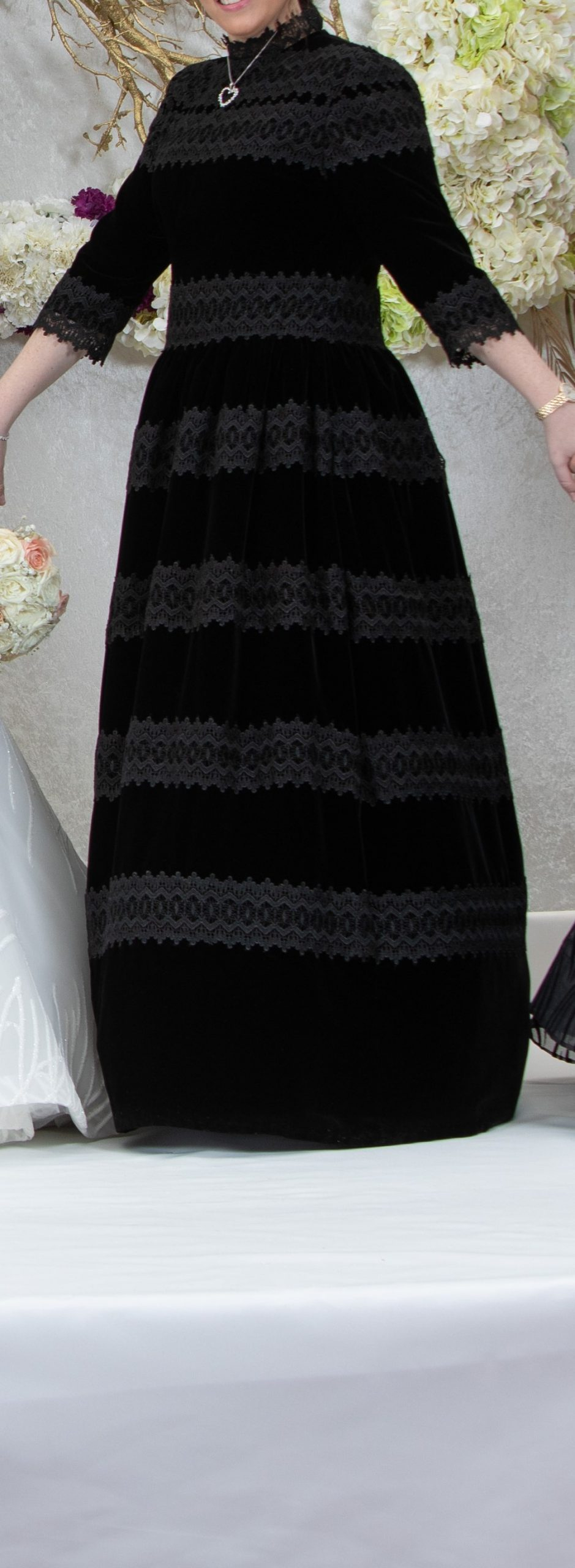 Beautiful custom designer black velvet gown with lace